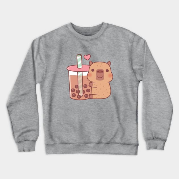 Cute Little Capybara Hugs Bubble Tea Crewneck Sweatshirt by rustydoodle